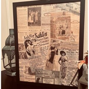 12 x 15 Vintage Newspaper Fashion Decoupage Framed Canvas Wall Art
